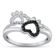Round Cut White \u0026 Black Diamond Paw Print Promise Ring In 14K White Gold Over Sterling Silver
